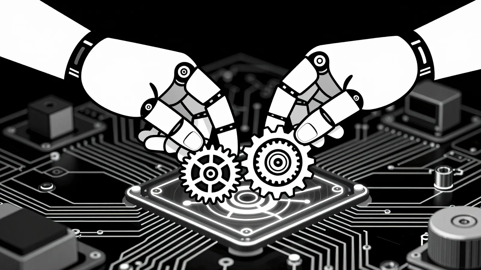 Grafica astratta e tecnologica che rappresenta l'evoluzione dell'intelligenza artificiale e le innovazioni nel settore roboti