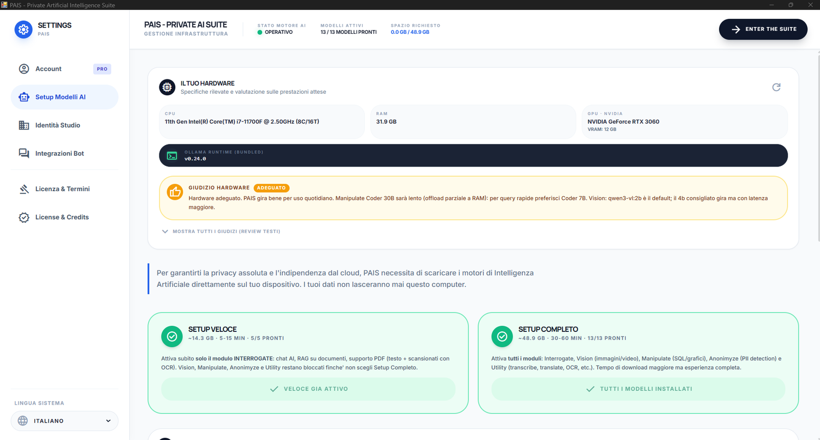Impostazioni PAIS: setup dei modelli AI e rilevamento hardware Impostazioni PAIS: setup dei modelli AI e rilevamento hardware